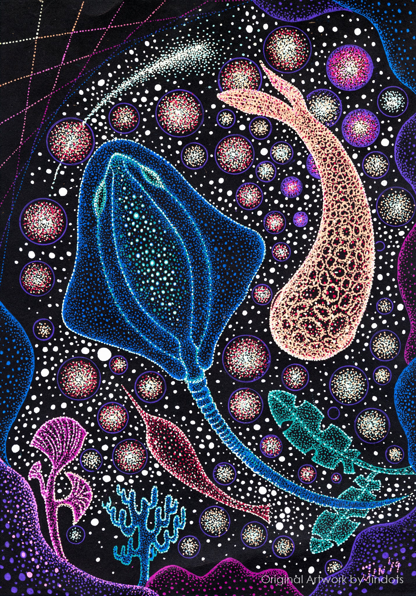 Sting Ray and Koi Dance, Jindots, pens on paper, 2019