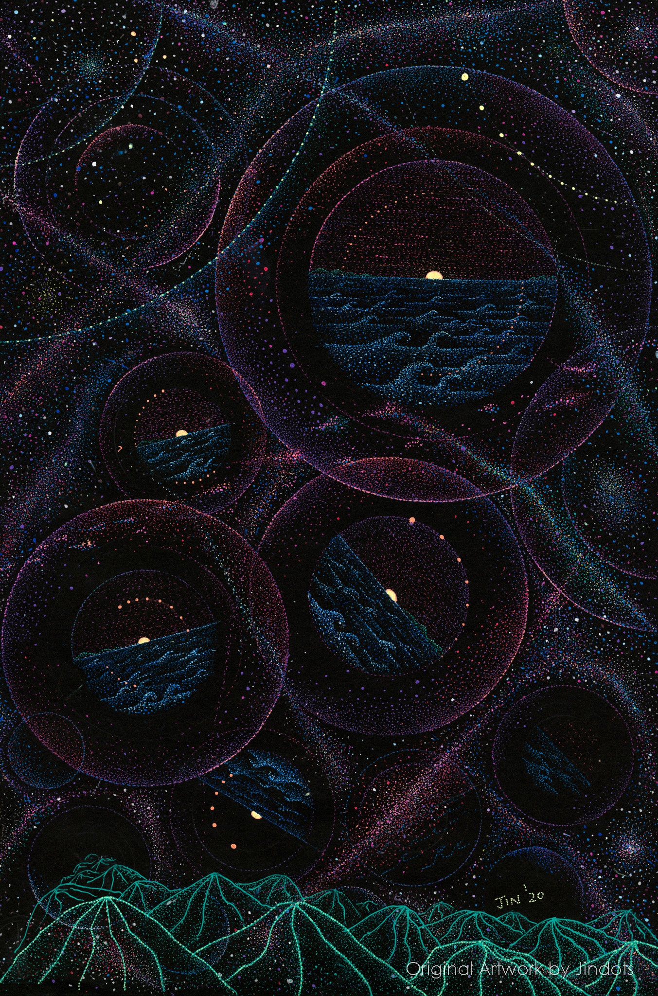 Sunset Bubbles, Jindots, pens on paper, 2020