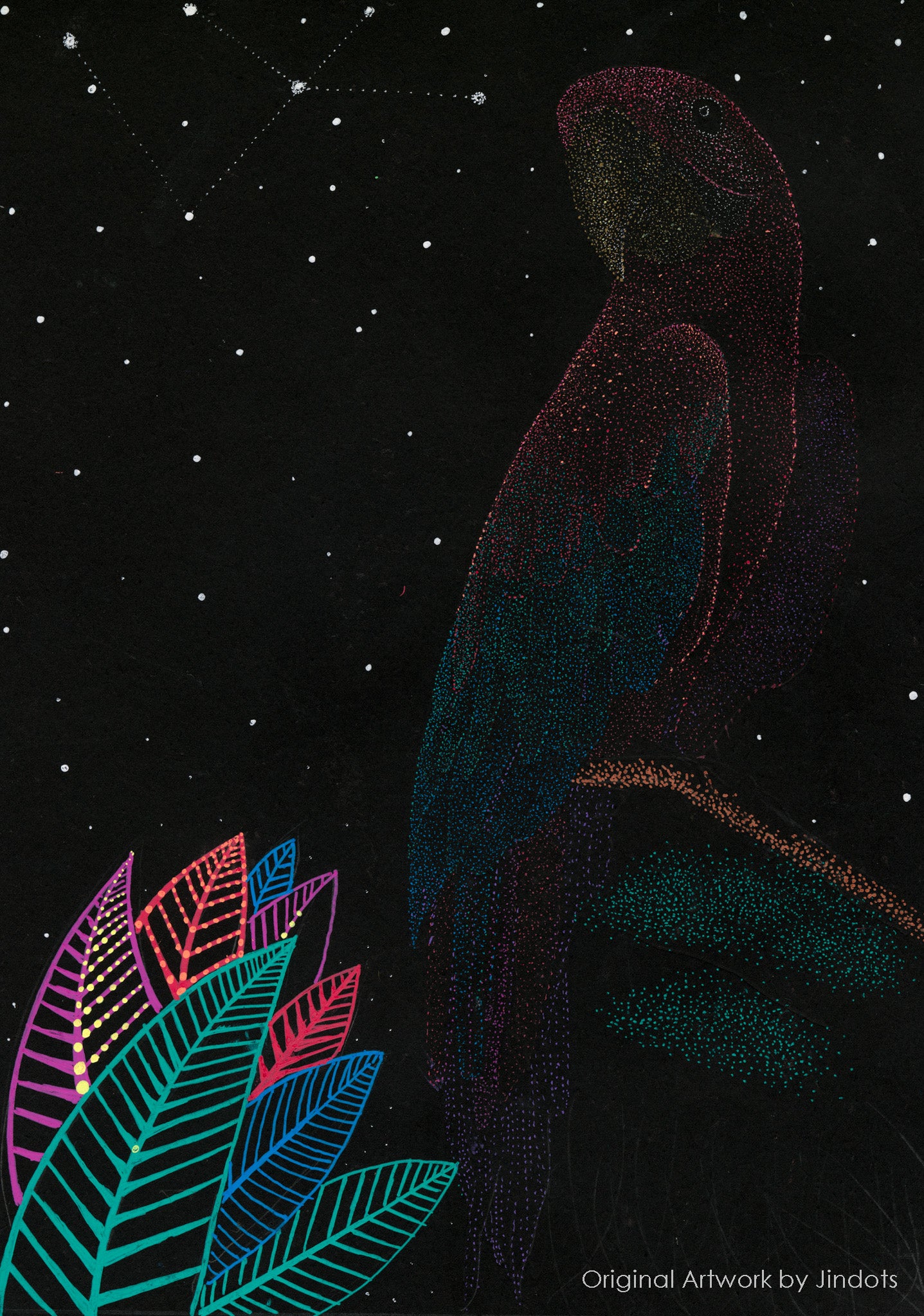 Acid Parrot, Jindots, pens on paper, 2023