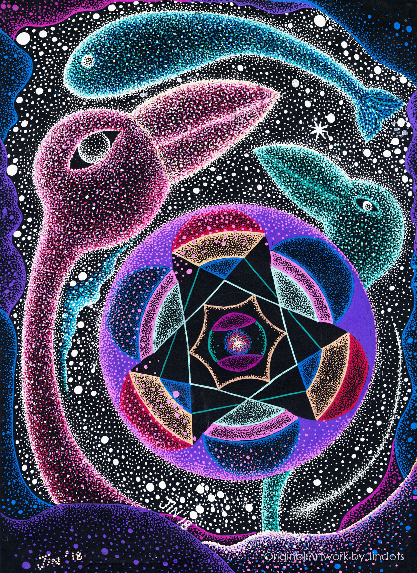 Birdy 3D printing universes 2, Jindots, pens on paper, 2018