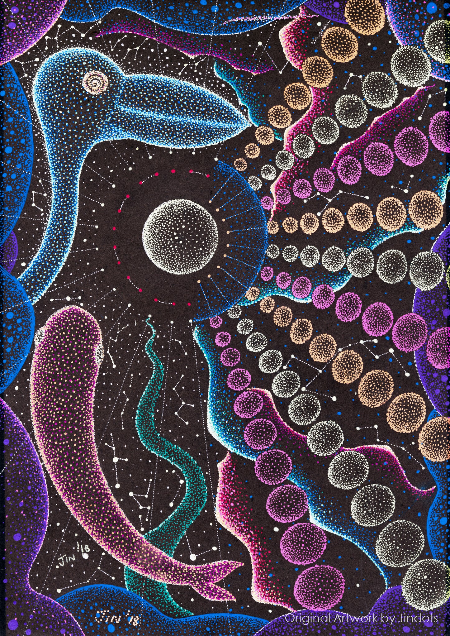 Birdy 3D printing universes 4, Jindots, pens on paper, 2018