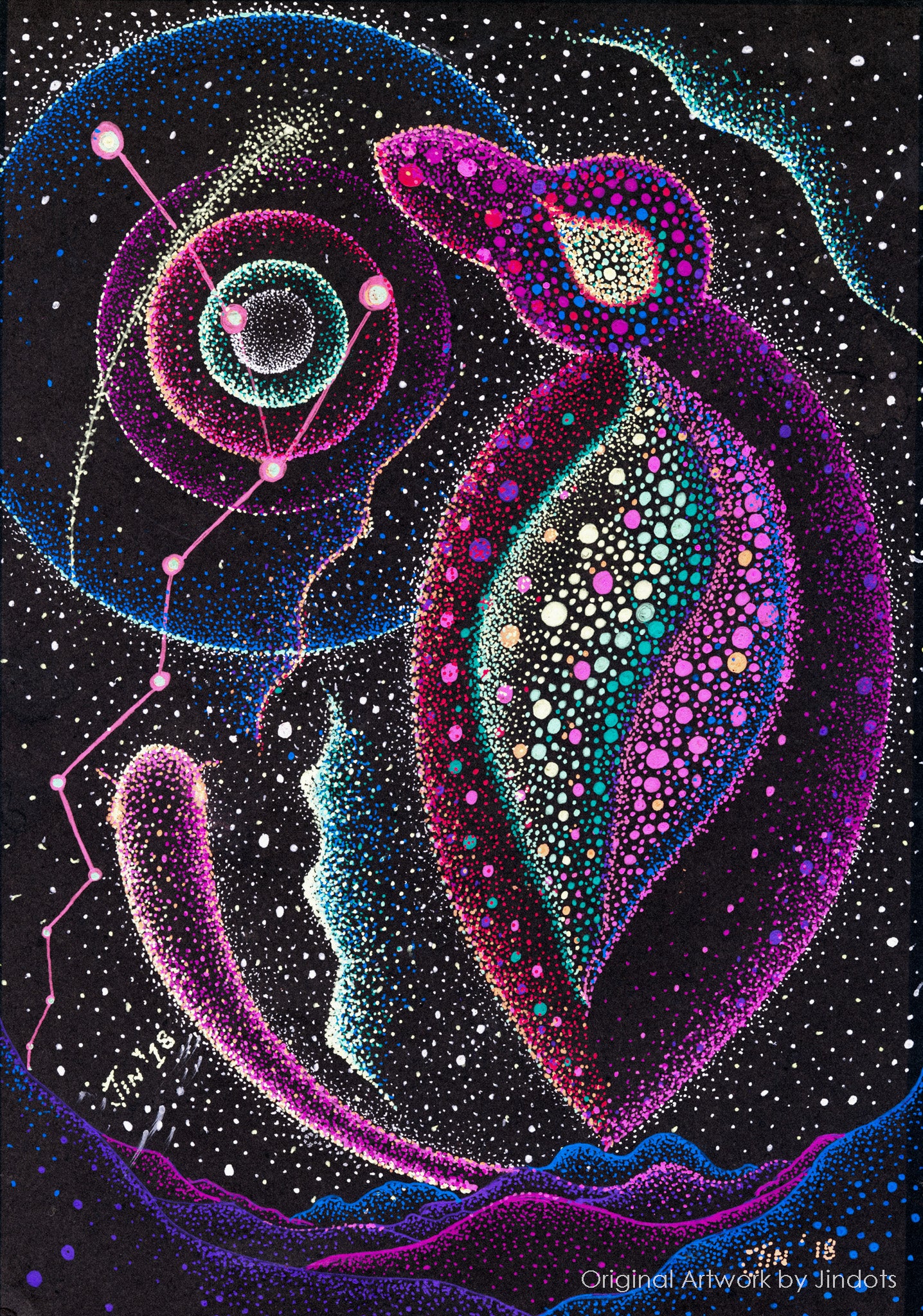 Birdy 3D printing universes 6, Jindots, pens on paper, 2018