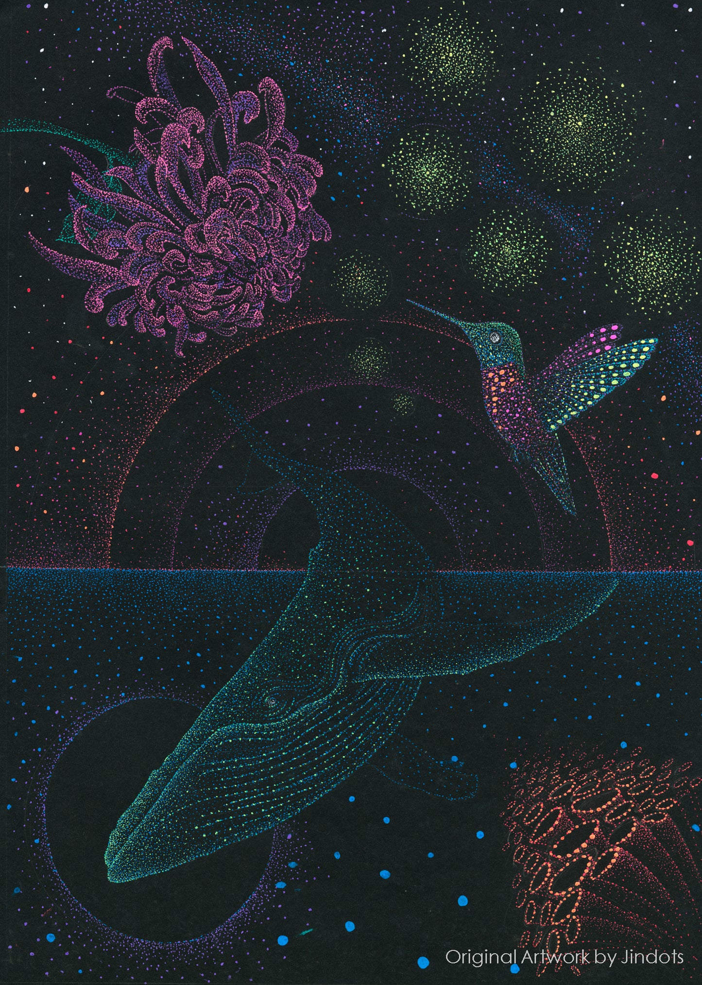 Humming Whale, Jindots, pens on paper, 2025