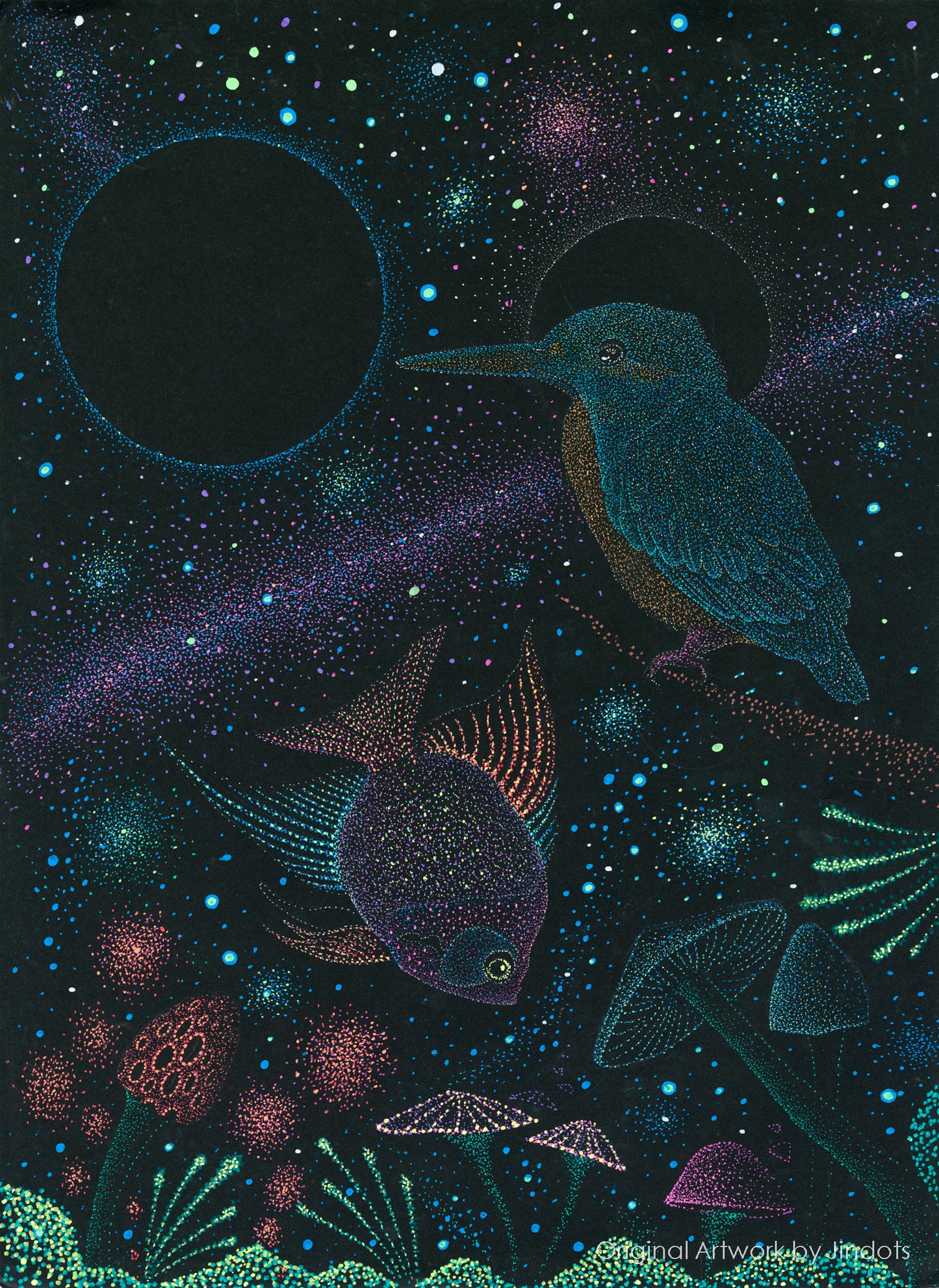 Kingfisher & the curious fish, Jindots, pens on paper, 2025