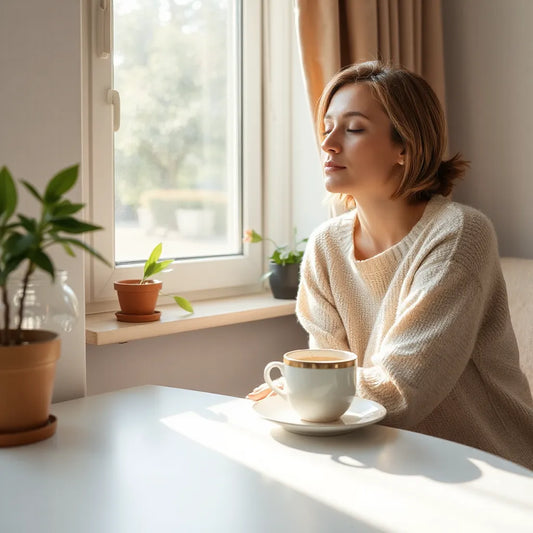 Person meditating by a sunlit window with herbal tea and a calm, minimal interior