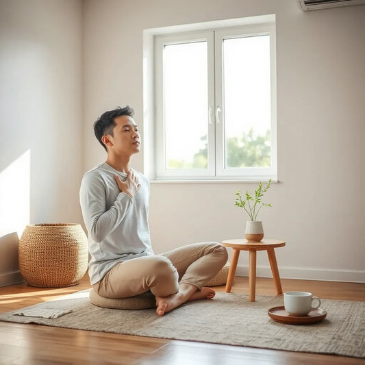 Person seated calmly with eyes closed during mindful breathing in a quiet, sunlit room