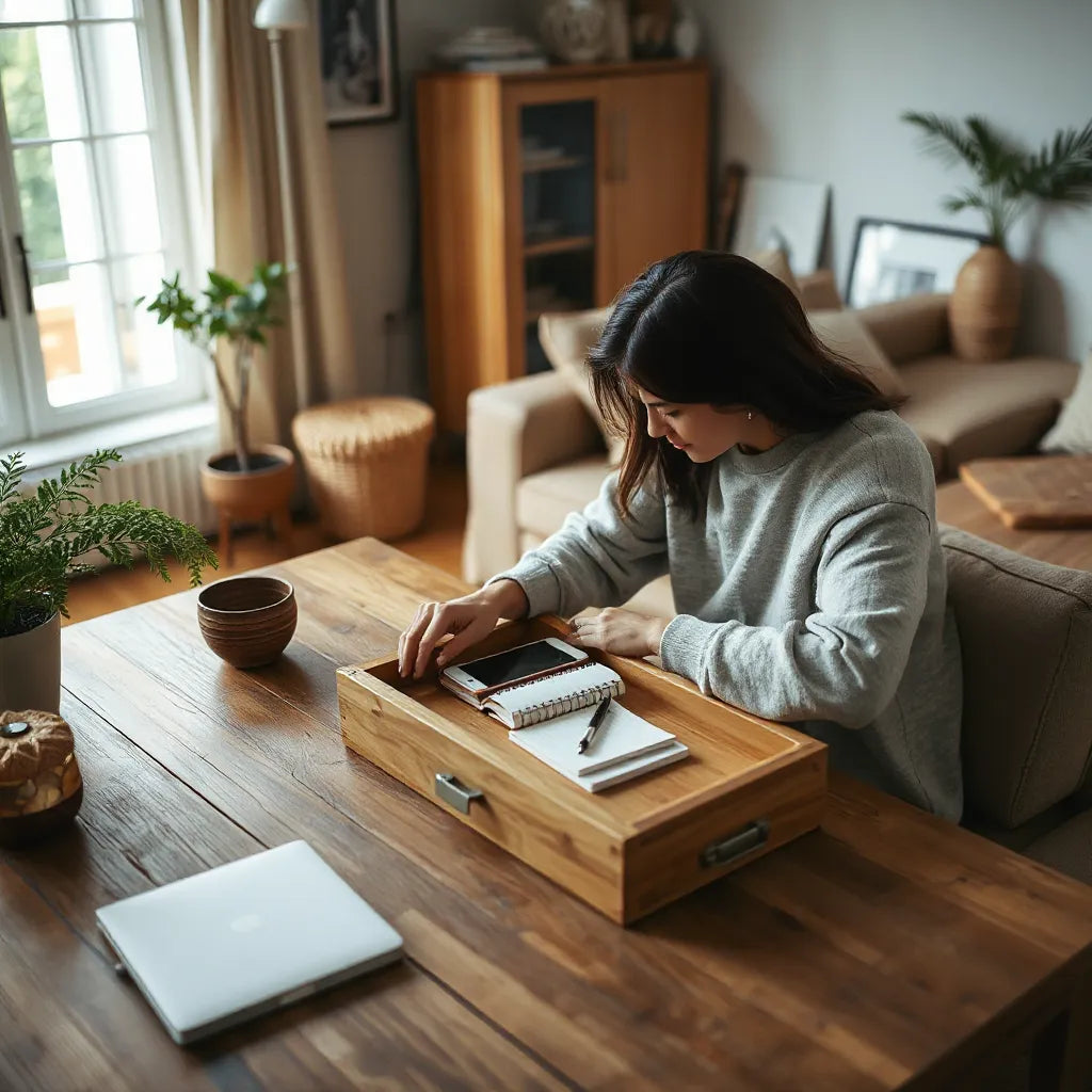 Person putting a smartphone away while writing in a notebook in a calm, light-filled room.