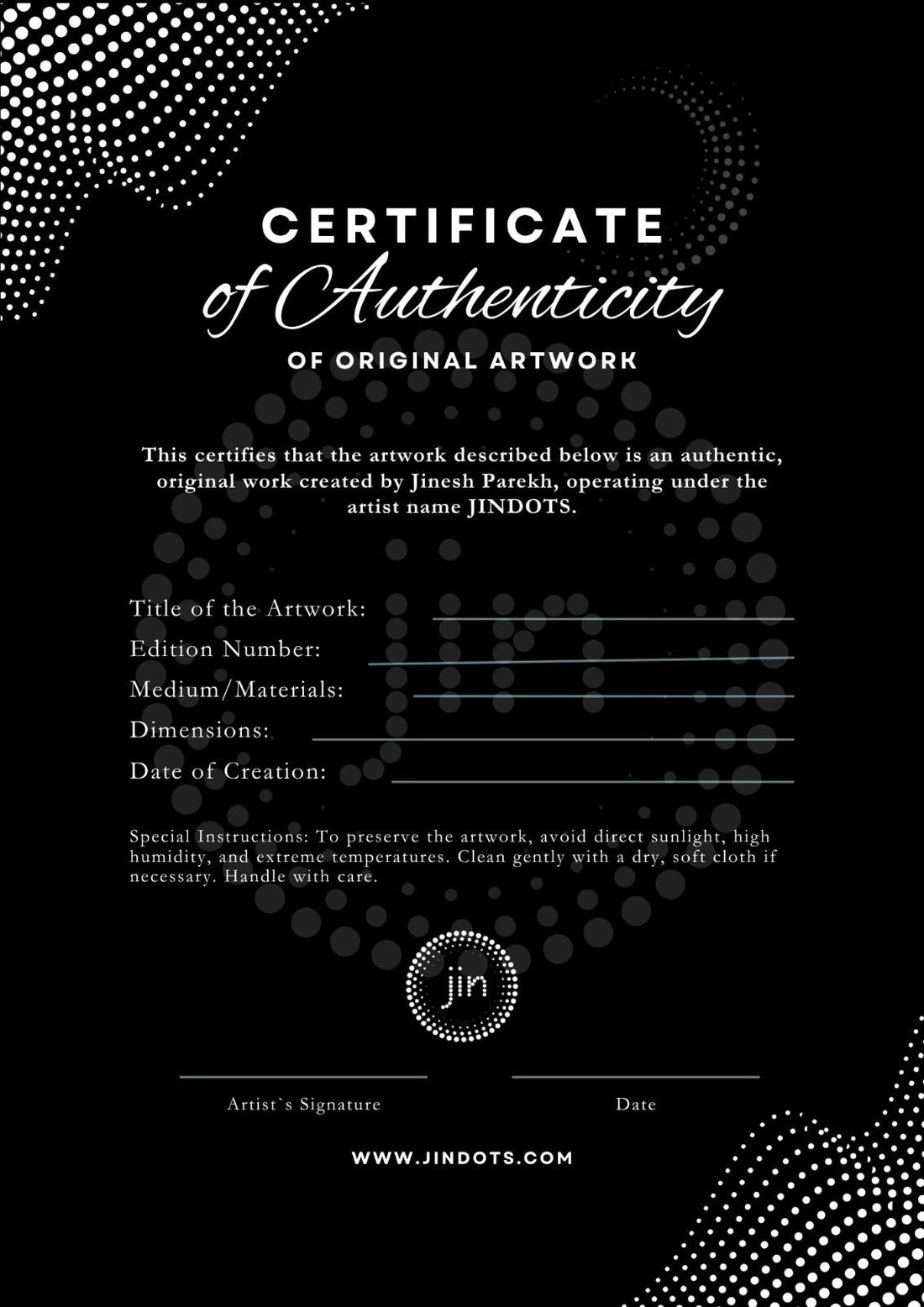 Certificate of authencity for artwork