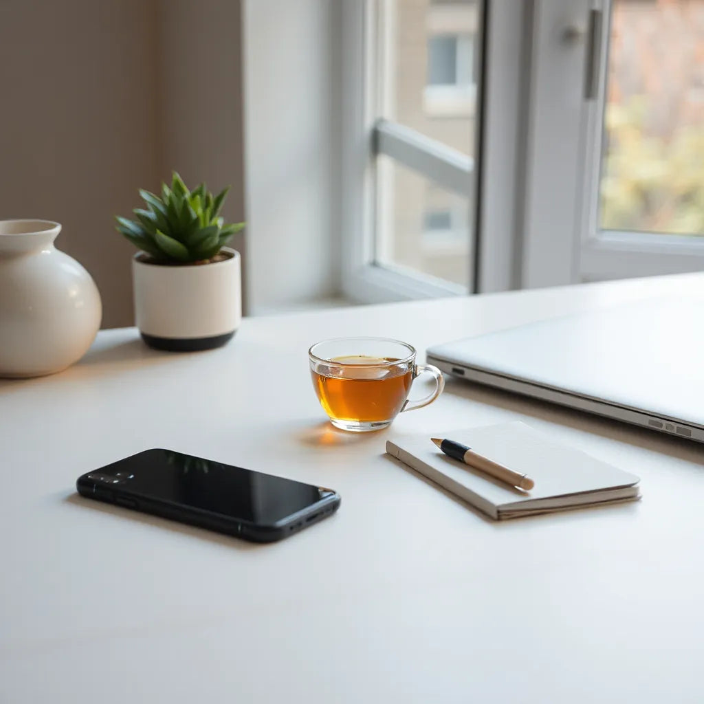 Smartphone facedown and closed laptop on a tidy desk near a notebook and tea cup at sunrise