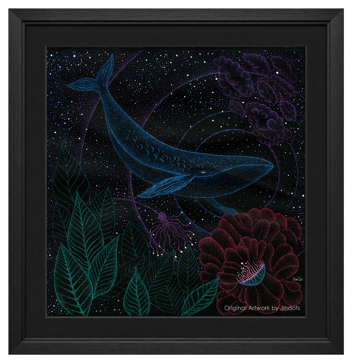 Rose Coral and Whale, black frame and black matting, 2020 Reflection.