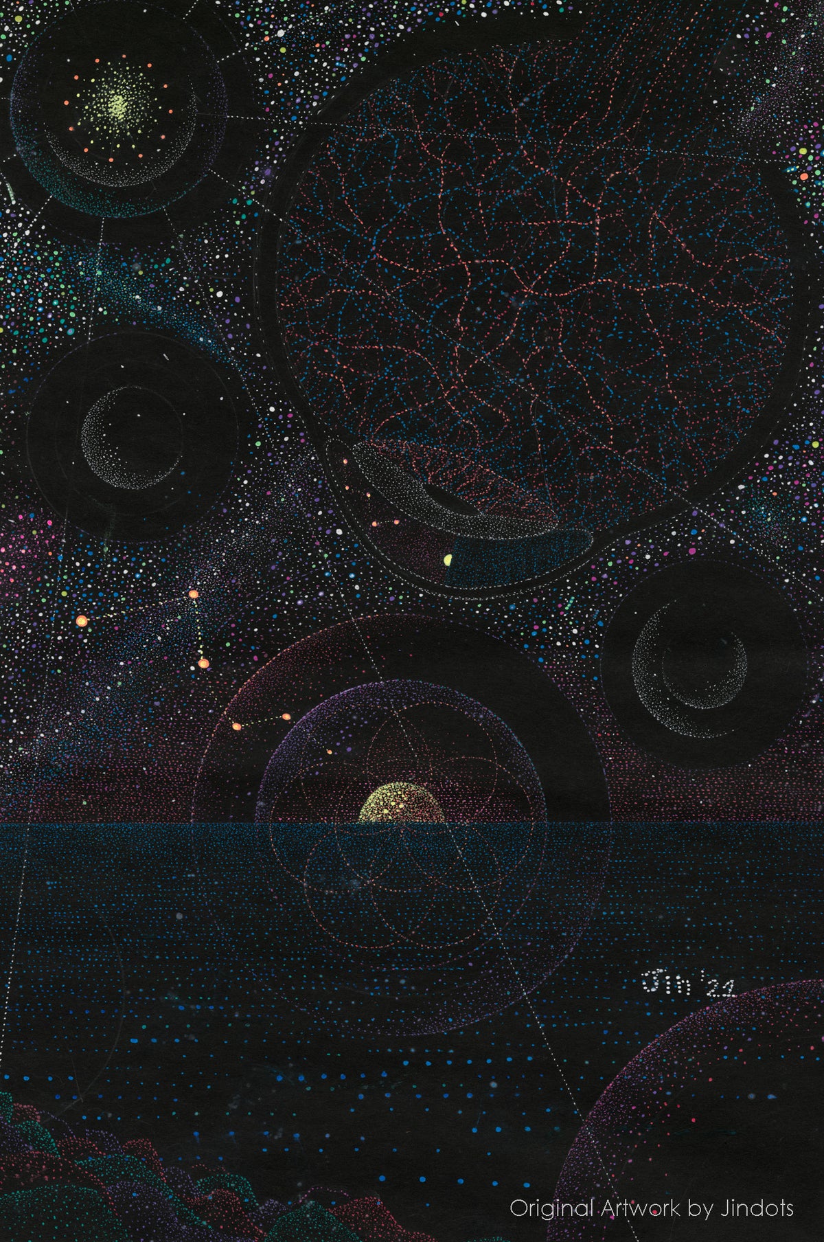 Eye can see sunsets, Jindots, pens on paper, 2021