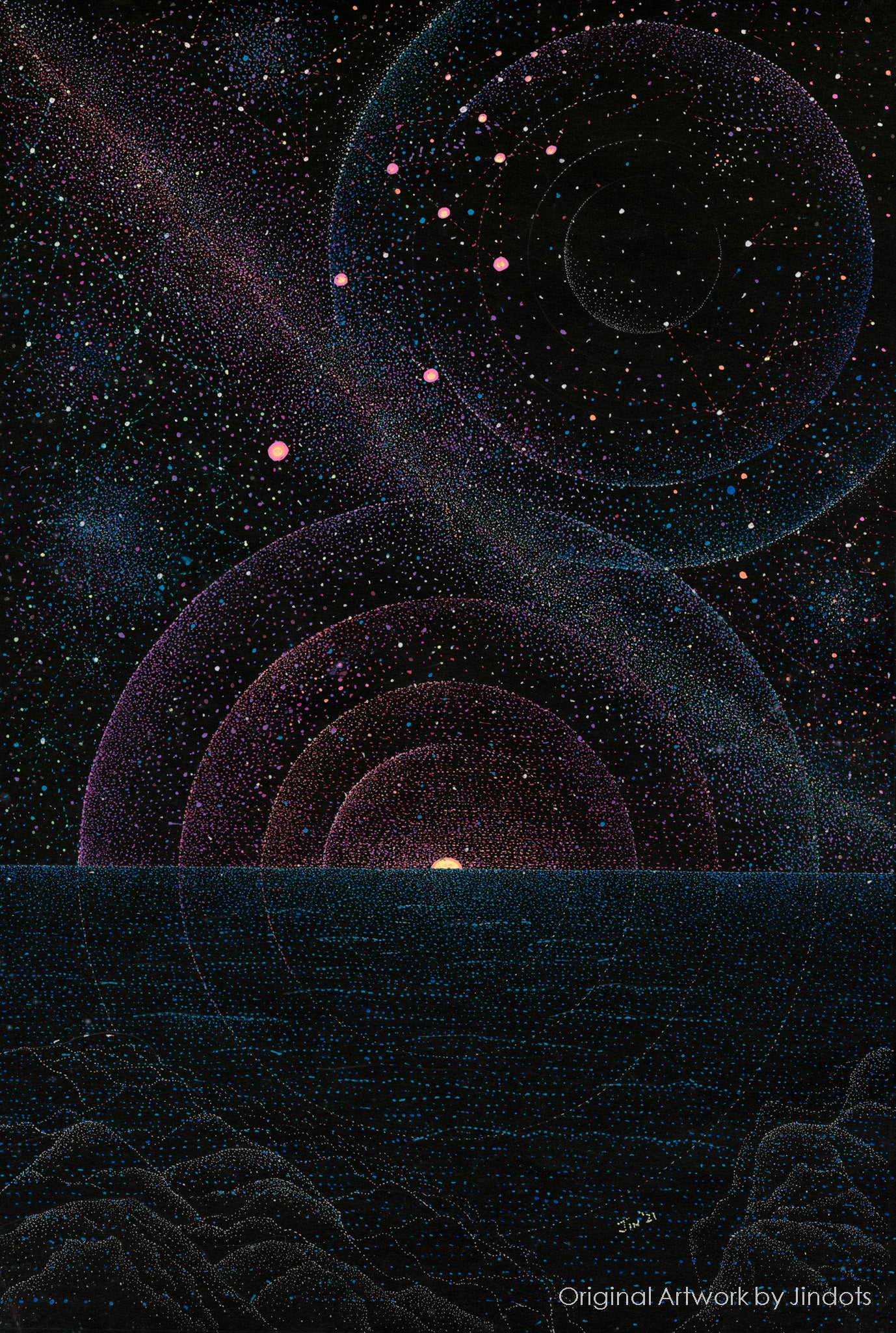 Acid Sunsets, Jindots, pens on paper, 2021