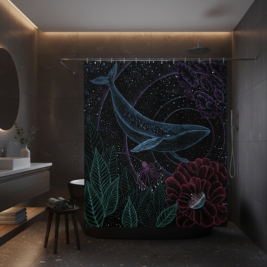 Shower curtain - Hand drawn design - Rose Coral and Whale