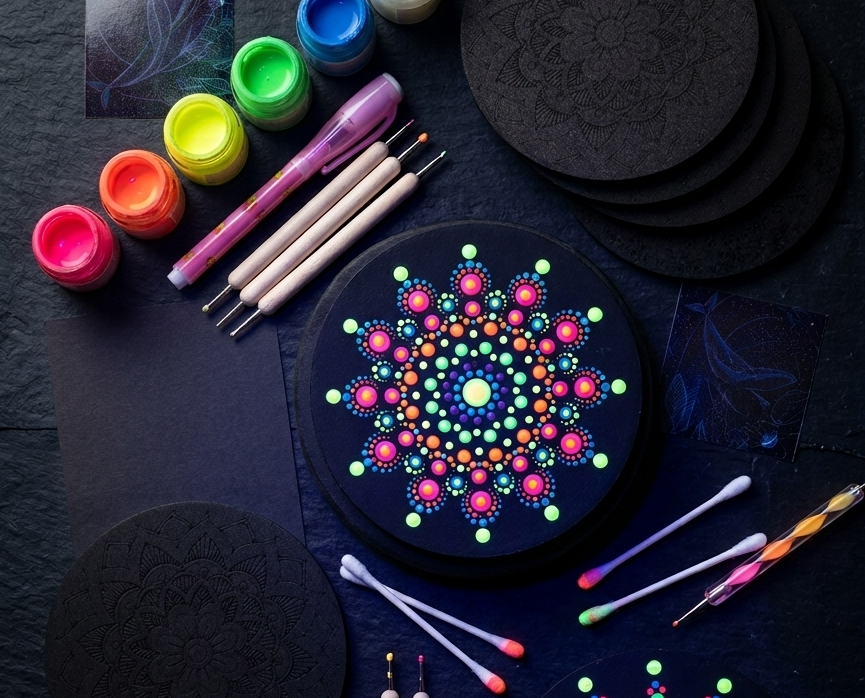 "Glow in the dark fluorescent dot mandala art painted on wooden coaster"