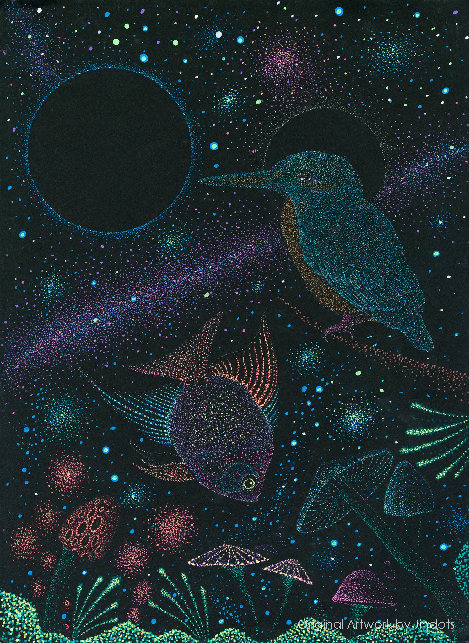 Kingfisher & the curious fish, Jindots, pens on paper, 2025