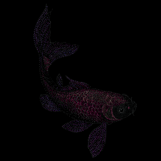koi Fish illustration made of colorful dots on a black background hand drawn by jindots