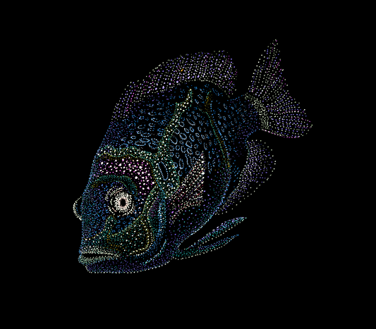 Decorative fish design made of small dots or beads on a black background