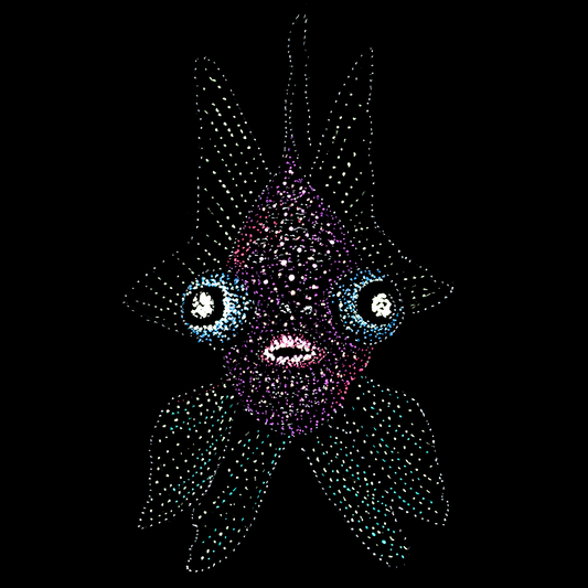 Star-shaped fish with glowing eyes on a black background, fish tshirt jindots