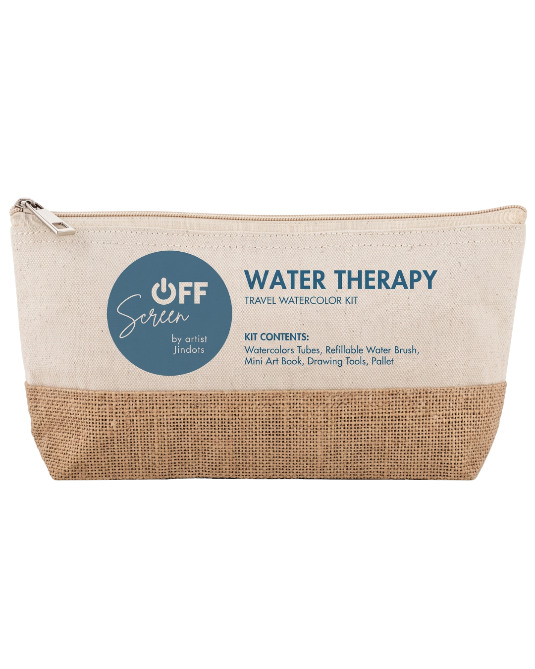 Off Screen Water Therapy Travel Watercolor Kit in a zippered pouch with a cream canvas top, blue printed text and logo, and a natural burlap lower half.