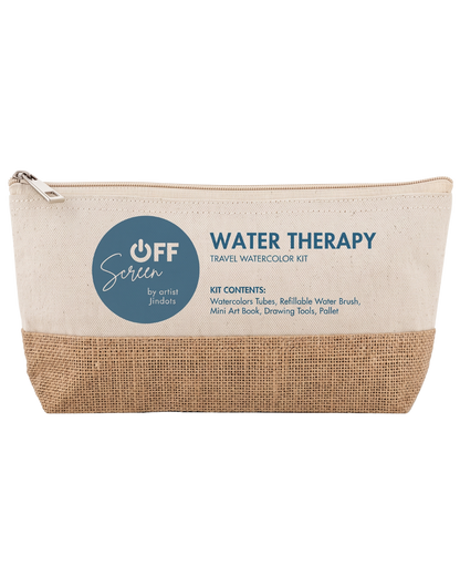 Off Screen Water Therapy Travel Watercolor Kit in a zippered pouch with a cream canvas top, blue printed text and logo, and a natural burlap lower half.