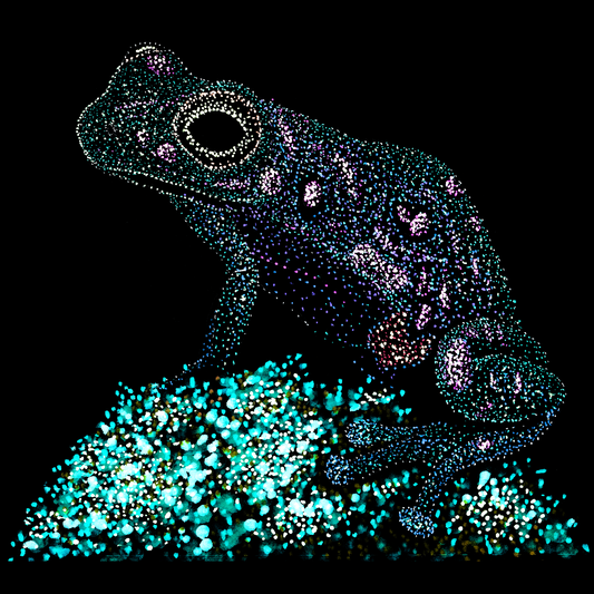 Frog tshirt with glowing blue spots on a black background