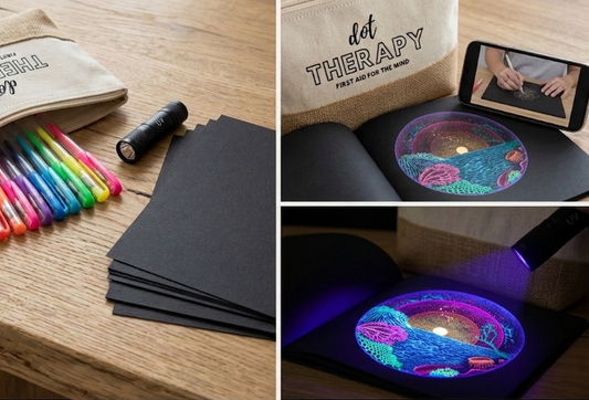 "Dot Therapy screen-free creative art kit featuring 10 fluorescent Japanese pens, mandala maker, black paper book, and UV light."