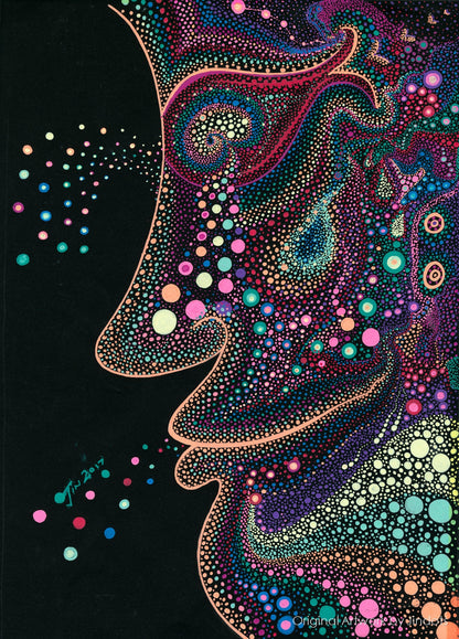 "Close-up of creating vibrant neon dot mandala INSPIRED art on black paper using Japanese fluorescent pens."