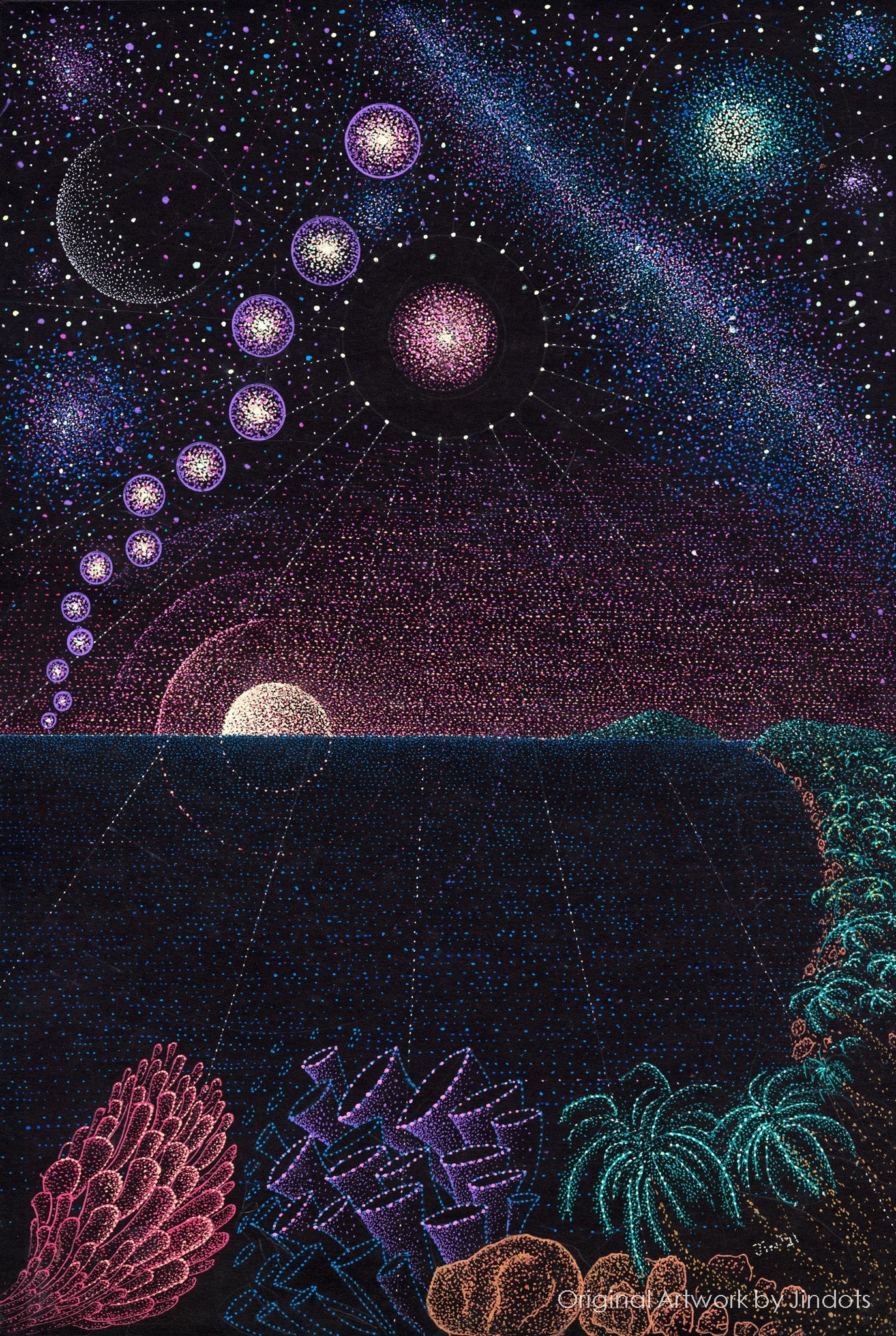 "UV LED torch light revealing glowing fluorescent dot art on black paper from the Dot Therapy kit."