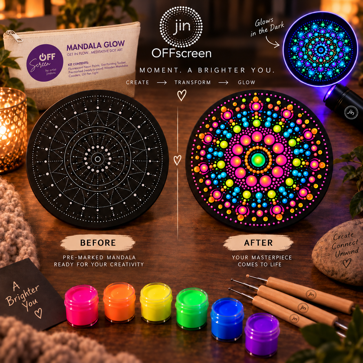 Mandala Glow before and after showing a pre-marked board transformed with fluorescent dot art