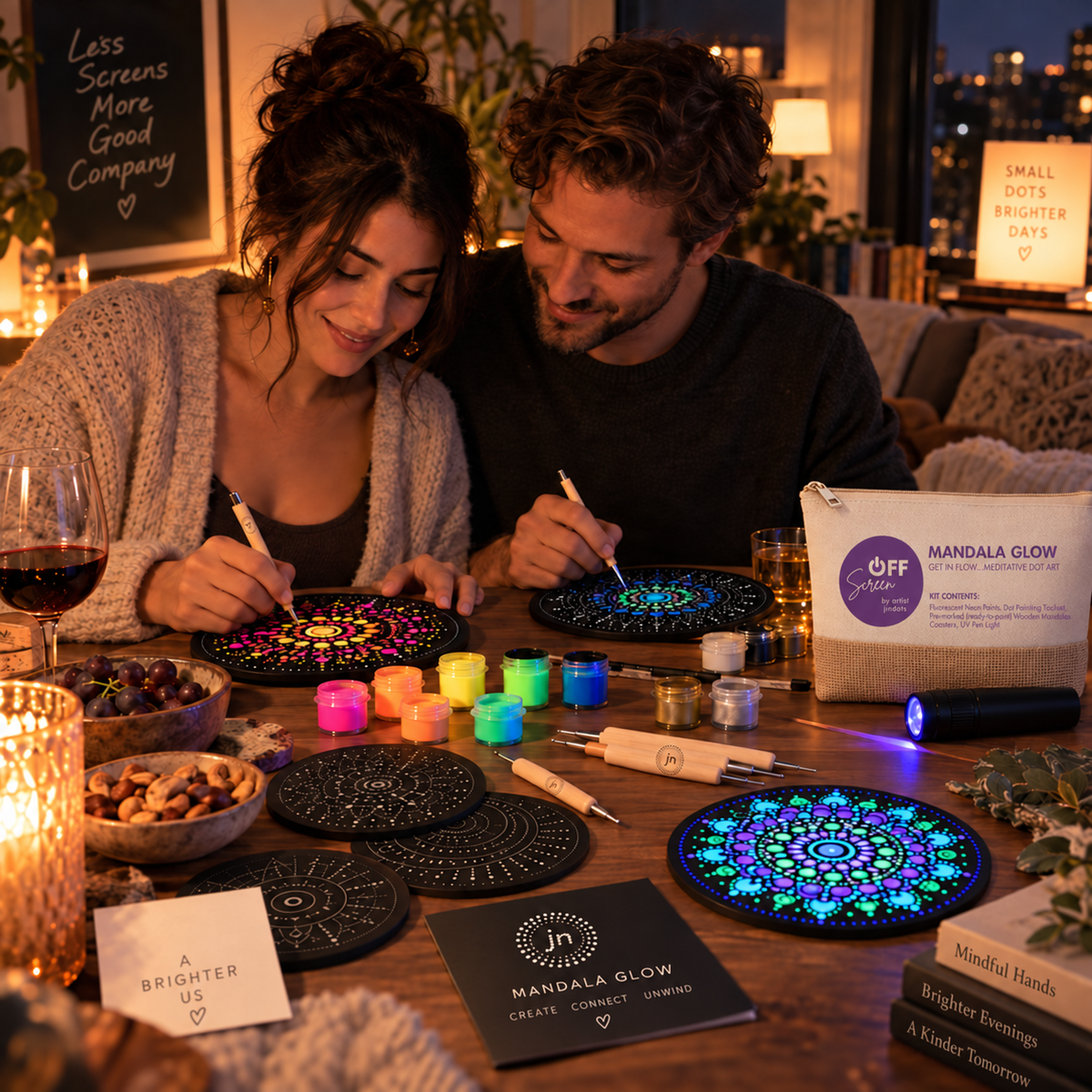 Couple enjoying a screen-free Mandala Glow dot art date night together