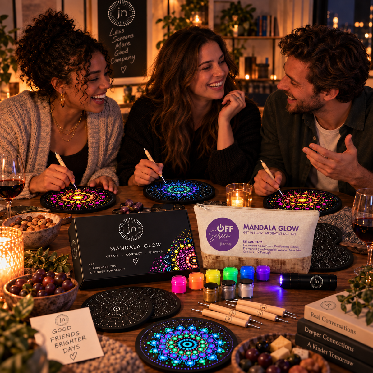 Friends enjoying a screen-free Mandala Glow creative night together