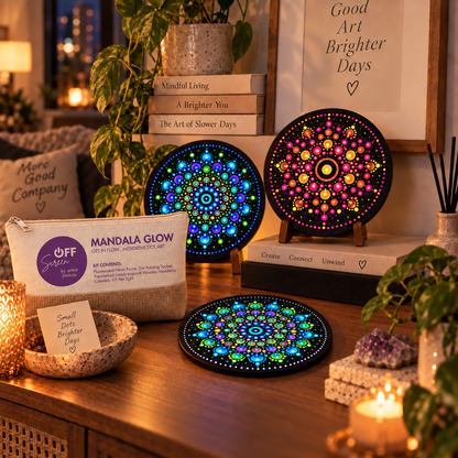 Finished Mandala Glow artworks displayed as colorful keepsakes in a cozy home