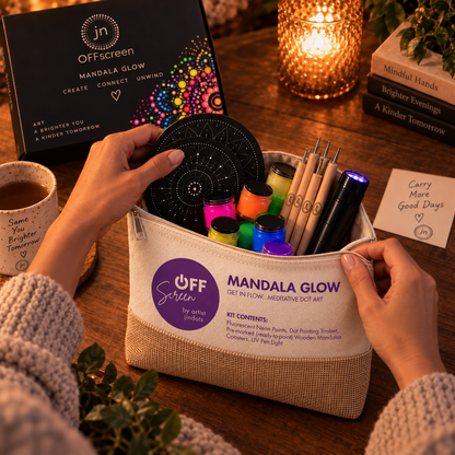 Mandala Glow kit being packed into its original zip pouch after a screen-free creative evening
