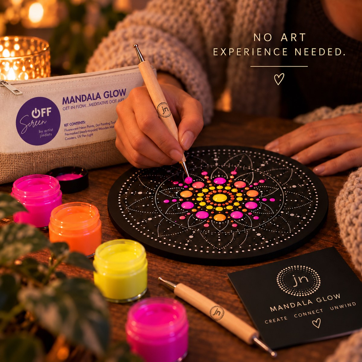 Beginner using Mandala Glow on a pre-marked board with no art experience needed