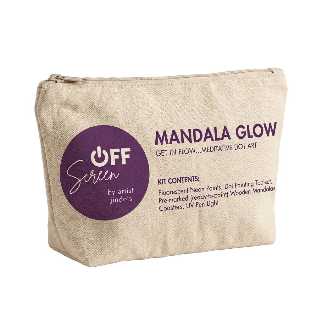 "Complete screen-free Mandala Glow DIY art kit with pre-marked wooden coasters, dotting tools, and UV paints"