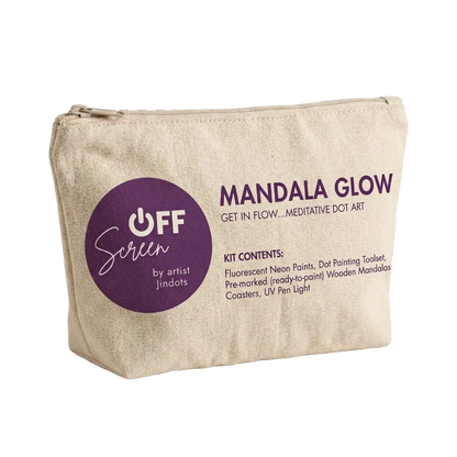 "Complete screen-free Mandala Glow DIY art kit with pre-marked wooden coasters, dotting tools, and UV paints"